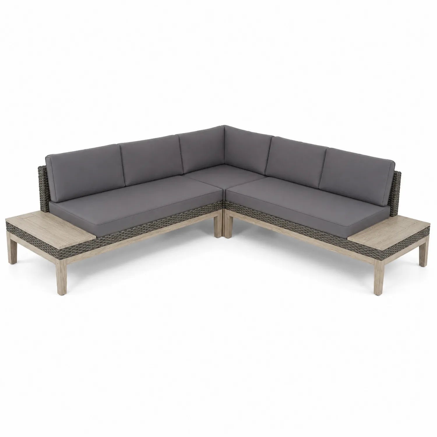 Outdoor-Ecksofa aus Holz und Polyrattan, L-Form, graue Kissen