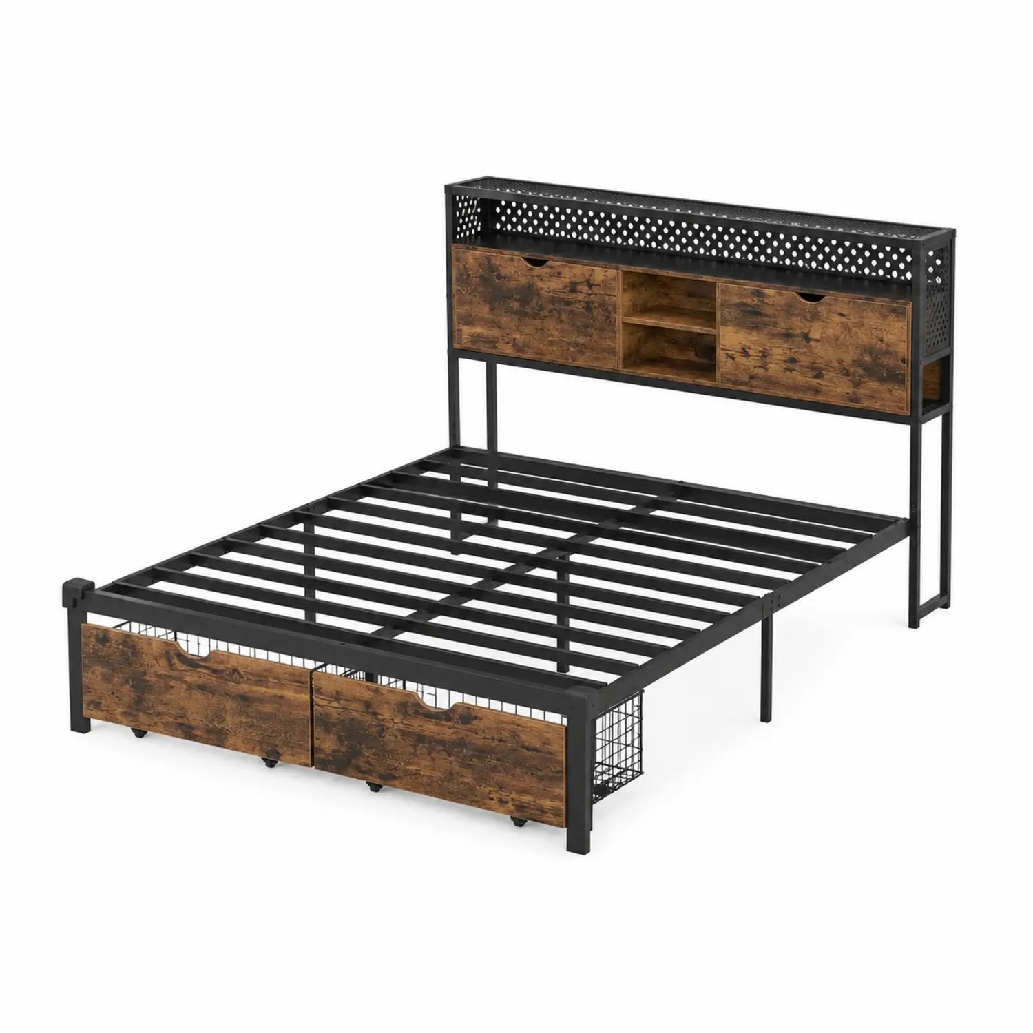 Metallbett mit Kopfteilregalen und Schubladen 140x200 cm Braun/Schwarz