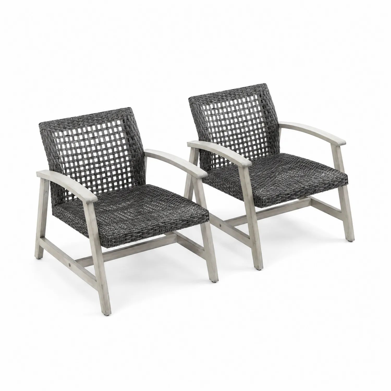 2er Set Outdoor-Stühle, Rattan, Akazienholz, Grau/Weiß