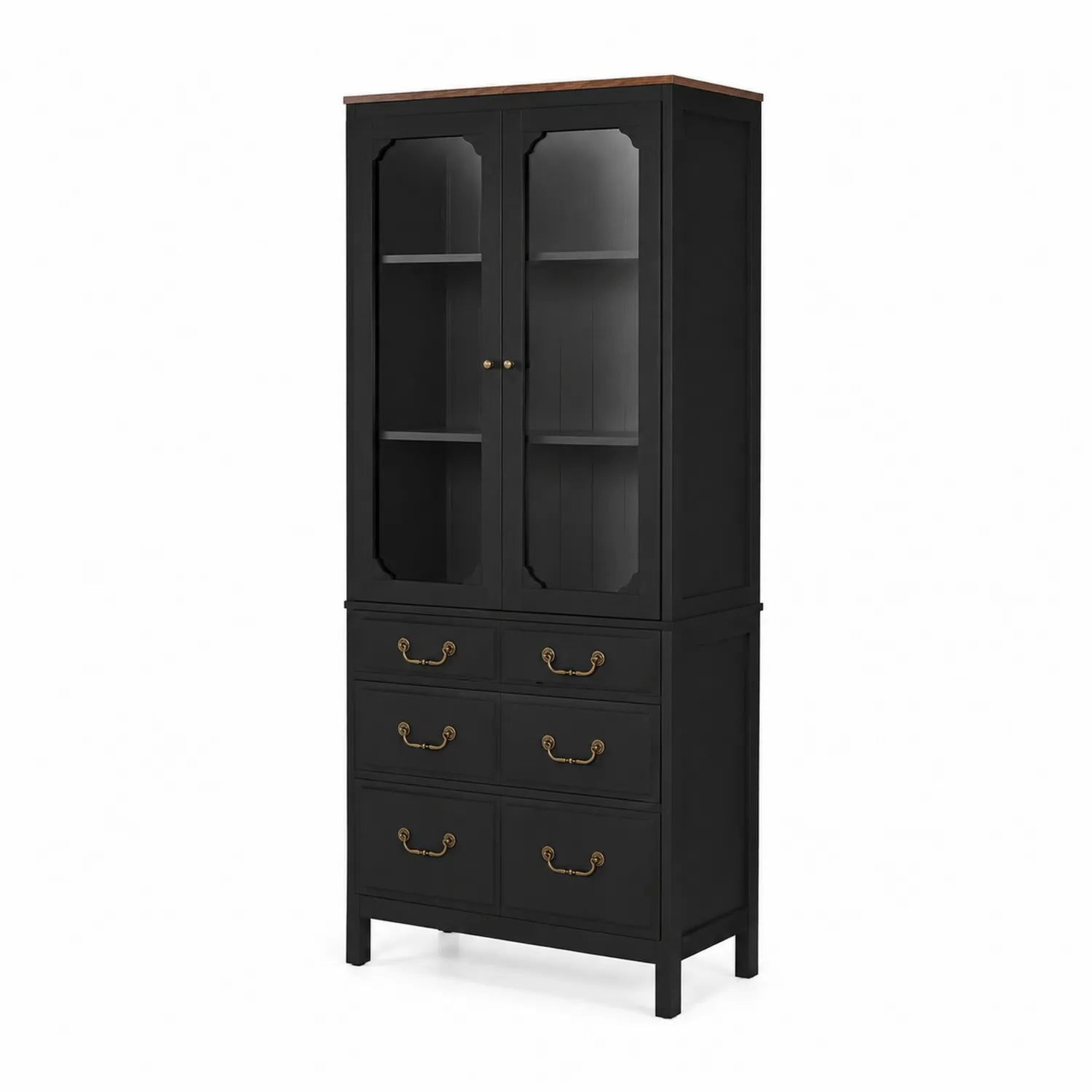 Vitrinenschrank Holz Glas Schwarz mit Schubladen 200x80x40 cm