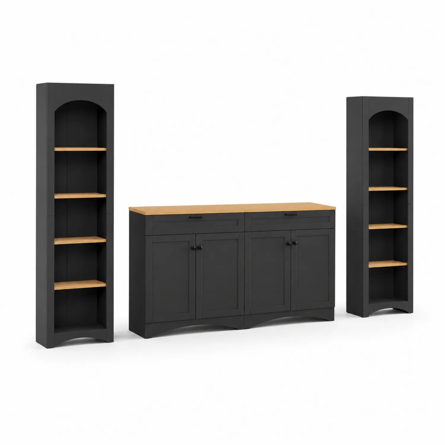 Wohnzimmermöbel Set mit 2 Regalen und Sideboard Holz Spanplatte Schwarz/Eiche