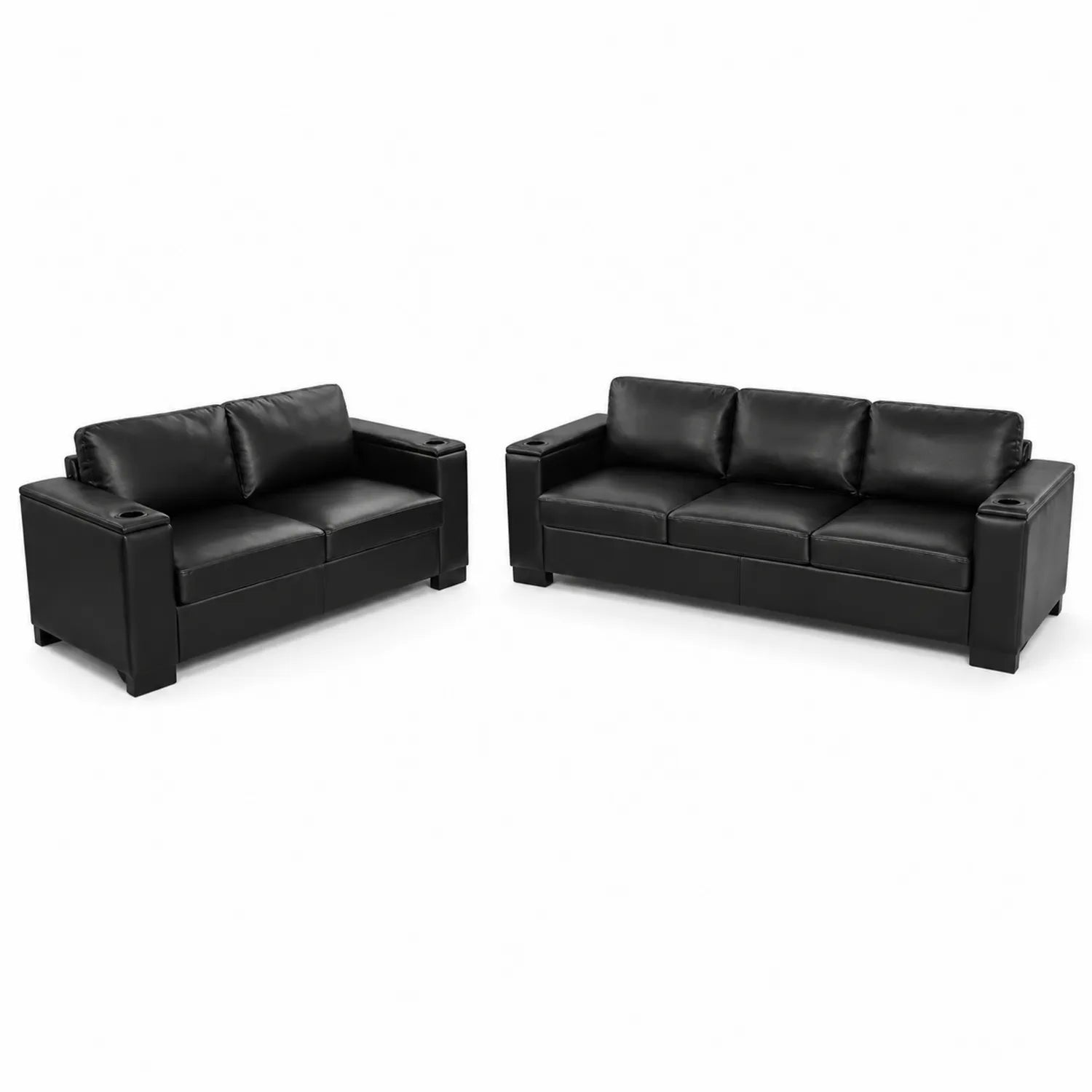 Sofa Set 3-Sitzer und 2-Sitzer aus Kunstleder mit Becherhaltern, Schwarz