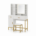 Schminktisch-Set mit Spiegel und Hocker, MDF und Metall, Weiß/Gold